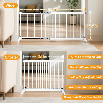 White Metal Dog Gate for Small Dogs - 13.3" Short Freestanding Puppy Gate with Retractable Sliding Rail, No Installation, Indoor/Outdoor Use, Foldable & Portable Pet Barrier