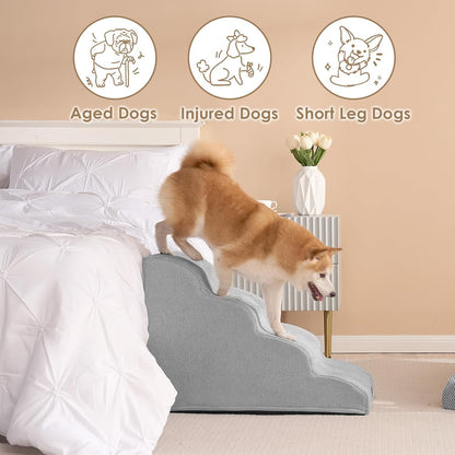 EHEYCIGA Curved Dog Stairs Ramp for High Beds 19.7" H, 4-Step Dog Steps for Small Dogs and Cats, Pet Stairs for High Bed Climbing, Non-Slip Balanced Pet Step Indoor, Grey