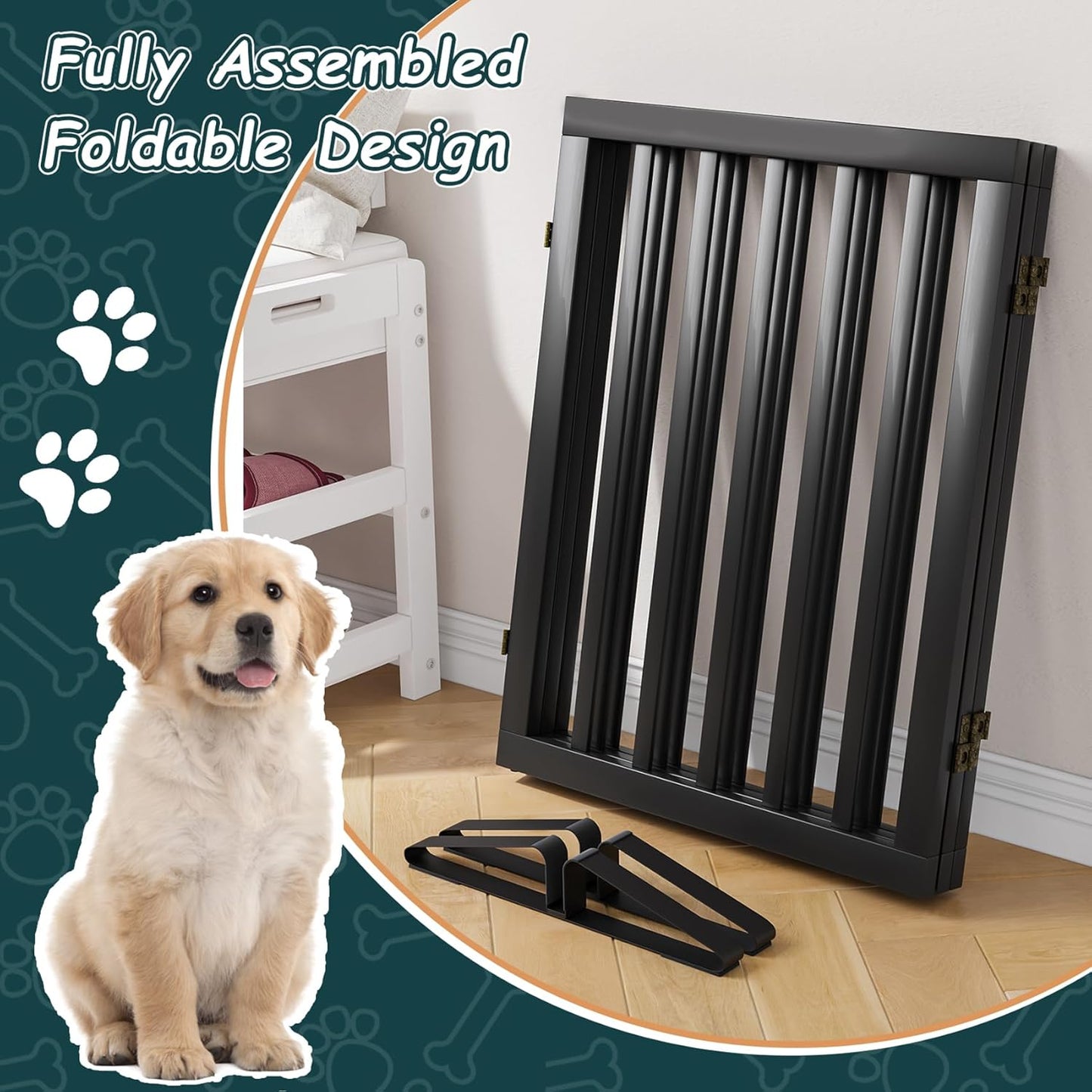 Freestanding Dog Gates Indoor, 3-Panel Pet Gates with 2 Metal Stands and 360° Hinge, 24" H Foldable Dog Gate for Stairs, Doorway, Kitchen, Expands Up to 55" Fully Assembled - Black Walnut