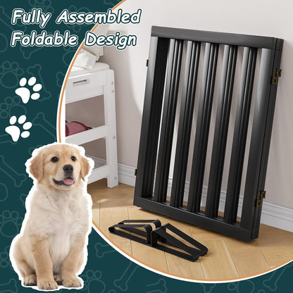 Freestanding Dog Gates Indoor, 3-Panel Pet Gates with 2 Metal Stands and 360° Hinge, 24" H Foldable Dog Gate for Stairs, Doorway, Kitchen, Expands Up to 55" Fully Assembled - Black Walnut