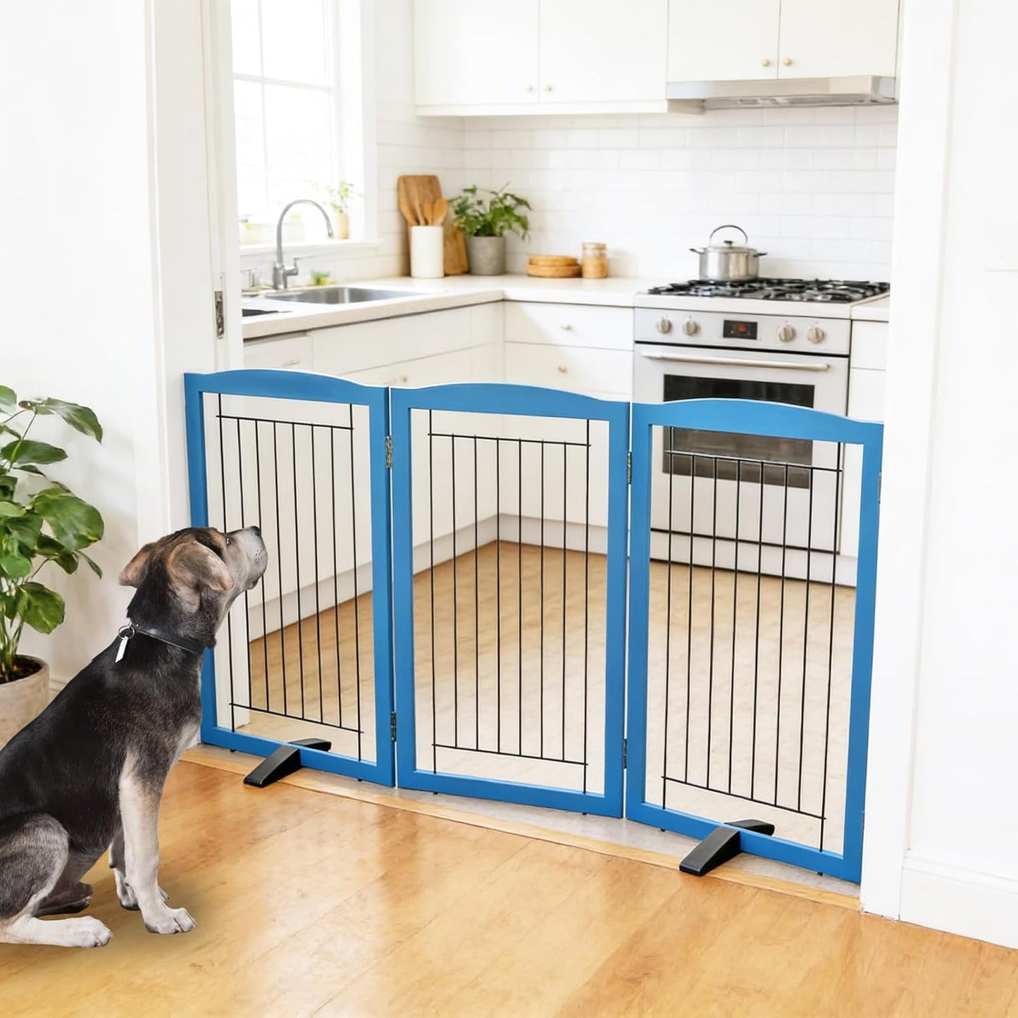 ZJSF Freestanding Dog Fence Indoor, Foldable Dog Gate for Doorways, Stairs or Hallways, Sturdy Wood Extra Wide Pet Gate with Support Feet for The House, White, 24 "Height-3 Panels