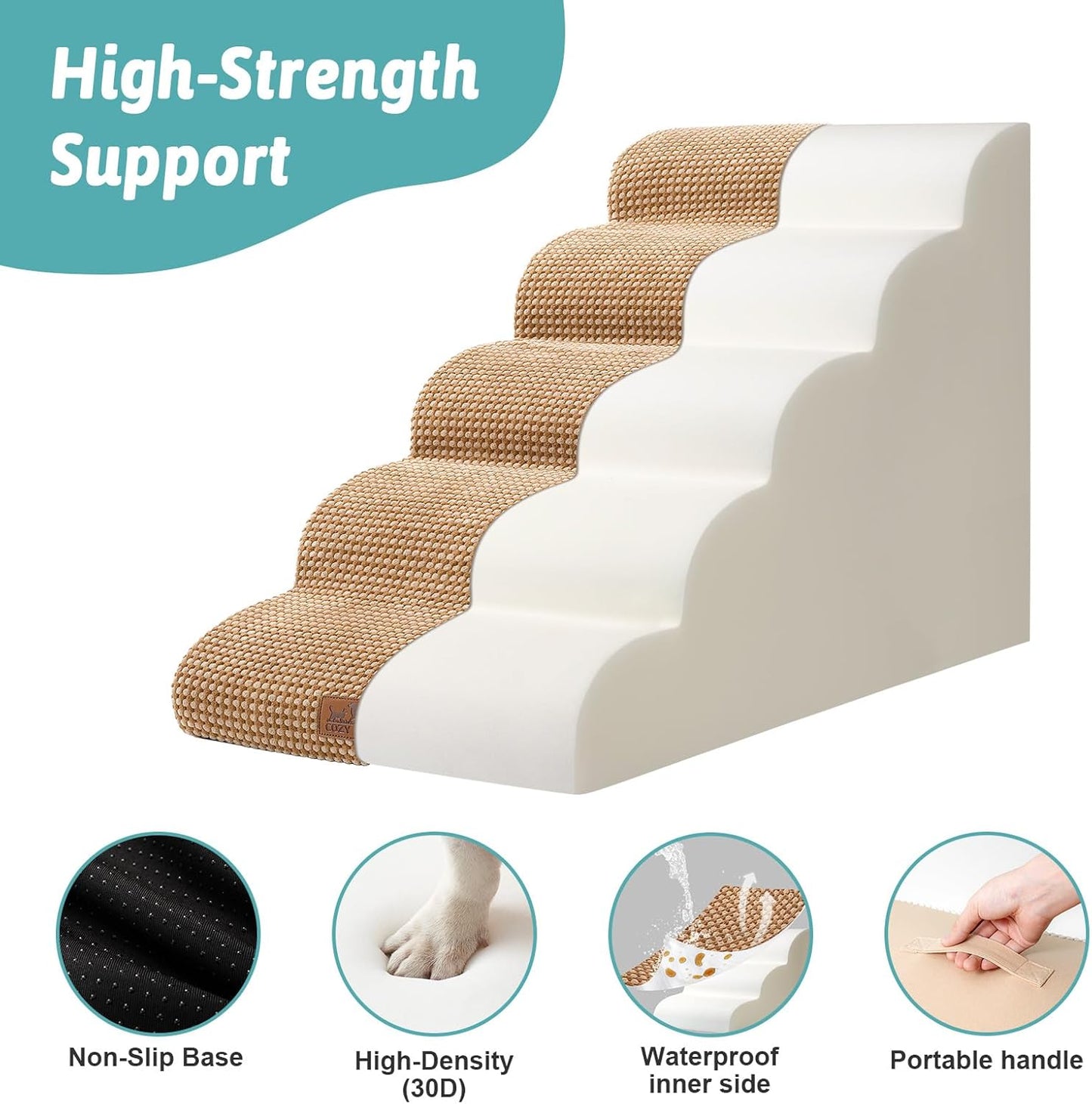COZY KISS Extra Wide Dog Stairs with Tunnel, Foam Detachable Large Dog Step for Small Pet, Puppy or Cats, Medium Pet Ramp for High Bed, Couch, Sofa or Car, 19.7x33x22.4 inch, 5 Step, Beige