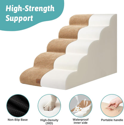 COZY KISS Extra Wide Dog Stairs with Tunnel, Foam Detachable Large Dog Step for Small Pet, Puppy or Cats, Medium Pet Ramp for High Bed, Couch, Sofa or Car, 19.7x33x22.4 inch, 5 Step, Beige
