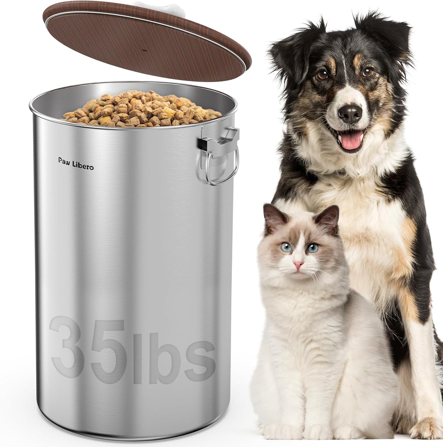 Paw Libero 2PK 35 Lbs total 70Lbs Stainless Steel Dog Food Storage Container with Airtight Wooden Lid & Ceramic Bone Handle, Large Metal Dog Food Bin for Dogs & Cats, Keep Fresh, Easy to Clean