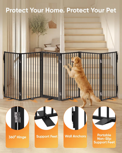 Full Metal Free Standing Dog Gate with Door for Indoor & Outdoor,80'' Extra Wide 32'' Tall Dog Gate for The Doorways,Large Openings,Decks,Porch,Pet Freestanding Safety Fence(4 Panels,Black)