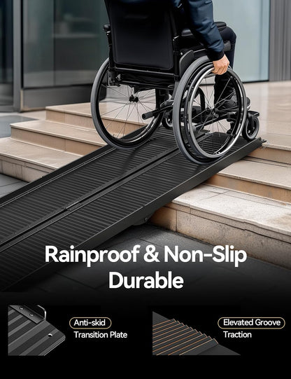 FACHNUO 2 Feet Portable Wheelchair Ramp, Non-Skid Aluminum Handicap Ramps with Handle, Folding Threshold Wheel Chair Ramp for Home Steps, Stairs, Entry, Doorways, Applicable Height 2-6 inches