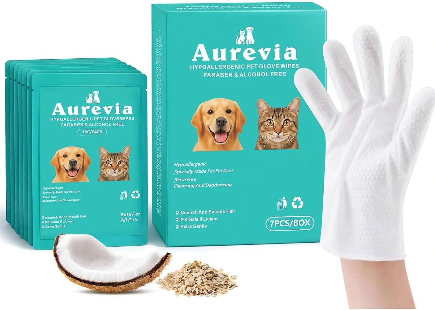 Hypoallergenic Pet Glove Wipes for Dogs & Cats - 7 Individually Wrapped Disposable No-Rinse Grooming Mitts | Lick-Safe Waterless Cleaning Gloves for Paws, Butt, Face & Fur | Deodorizing & Soft
