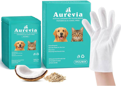 Hypoallergenic Pet Glove Wipes for Dogs & Cats - 7 Individually Wrapped Disposable No-Rinse Grooming Mitts | Lick-Safe Waterless Cleaning Gloves for Paws, Butt, Face & Fur | Deodorizing & Soft