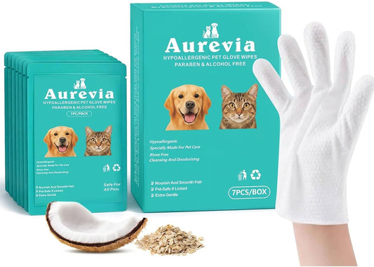 Hypoallergenic Pet Glove Wipes for Dogs & Cats - 7 Individually Wrapped Disposable No-Rinse Grooming Mitts | Lick-Safe Waterless Cleaning Gloves for Paws, Butt, Face & Fur | Deodorizing & Soft