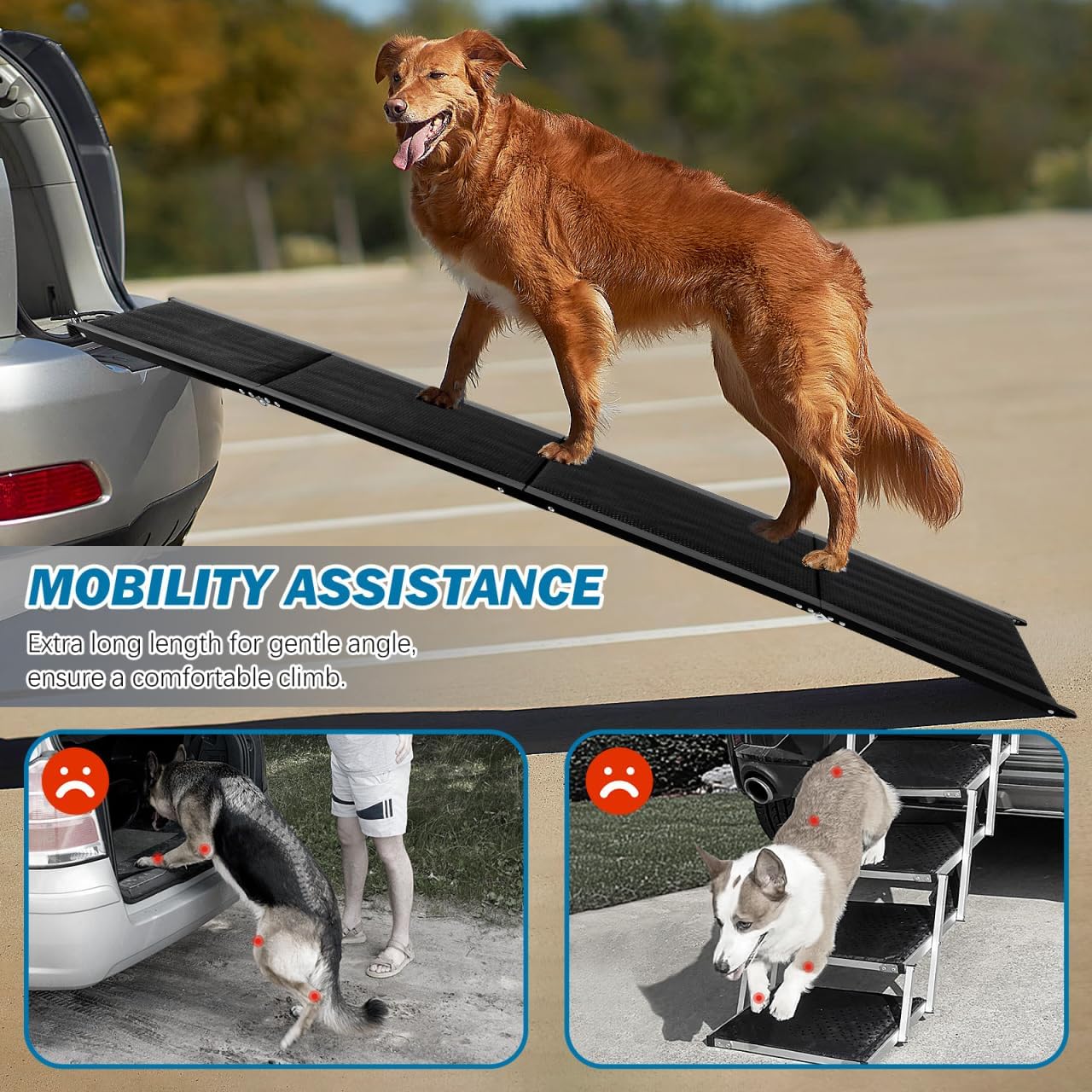 CALLARON 71''x 20'' Dog Ramp for Car, Foliding Dog Ramp with Non-Slip Rug Surface, Extra Wide Long Pet Stairs Supports Up to 300 LBS, Slow Slope Dogs Stairs for SUV, Truck, Large & Senior Pets