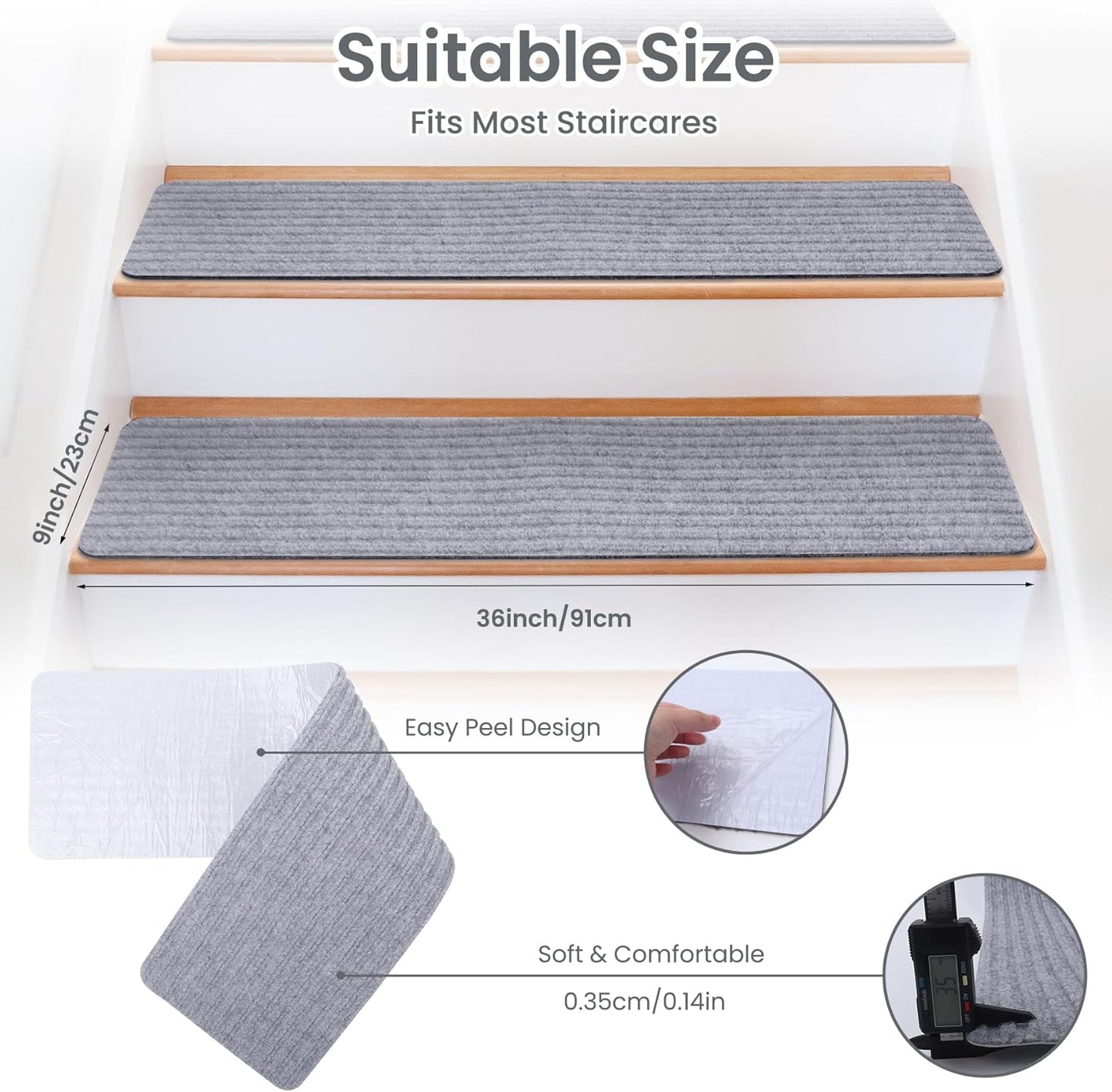 Extra Wide Non Slip Stair Treads for Wooden Steps – 15 Pack 9" x36'' Extra Wide Carpet Runners with Reusable Adhesive, Step Pads for Dogs, Kids, Seniors, Machine Washable – Geige