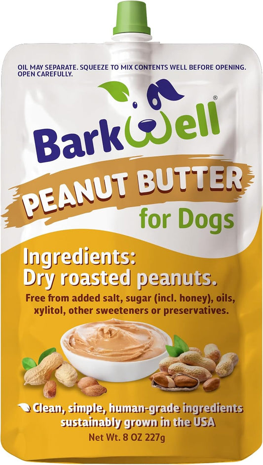 BarkWell Peanut Butter Squeeze - 8oz Pouch All-Natural Dog Peanut Butter, Sourced and Made in The USA Grain Free Dog Treat 100% Natural, Lick mat Topper, Puzzle Toy Fill