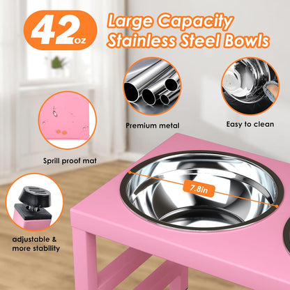 ADENGL Metal Raised Dog Bowl, 10" Tall Elevate Dog Feeder Stand with 2 Stainless Steel 42oz Bowls & 16x24 Non-Slip Mat – Stronger Dogs Food & Water Bowl Stand (Black)