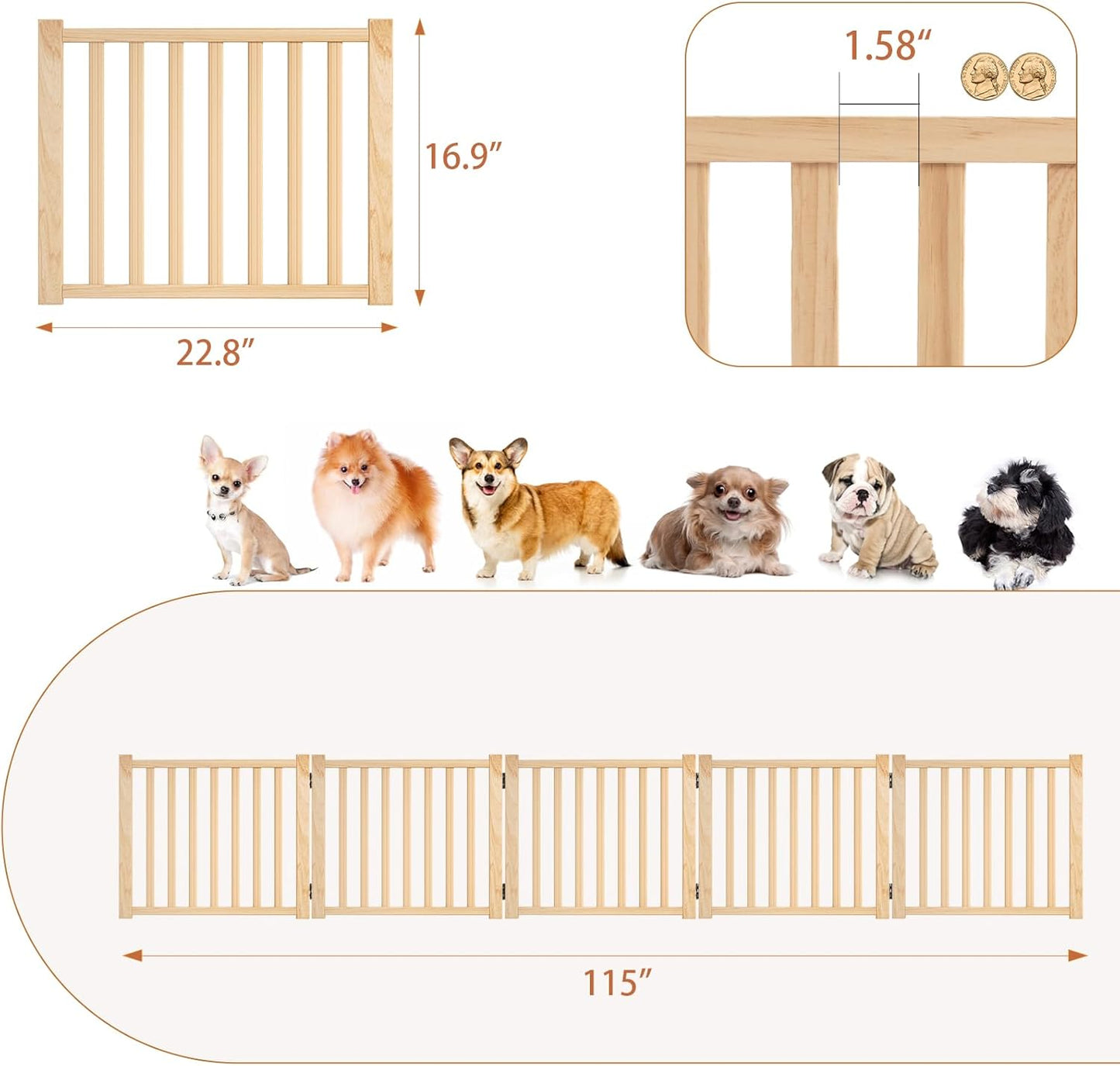 YOCAN Non-Painted Wood FreeStanding Pet Gate for Dogs,Wooden Dog Gates for Doorways, Stairs,The House, Dog Fences Indoor Puppy Gate-2 Panel H:23”