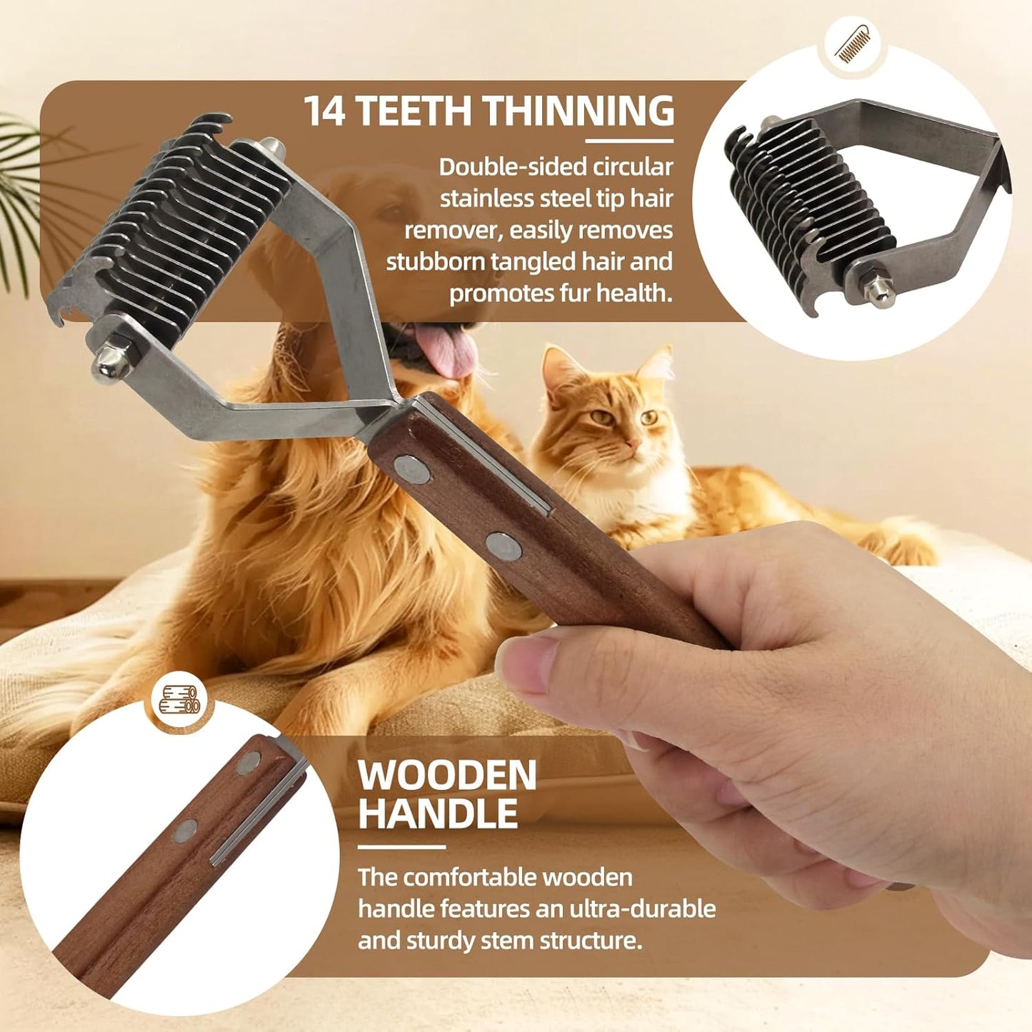 Large 2-Sided Undercoat Rake for Dogs and Cats，Professional Pet Grooming Shedding Tool Combs for Animals，Stainless Steel with Wooden Handle for Thick Coats (20-Blades)
