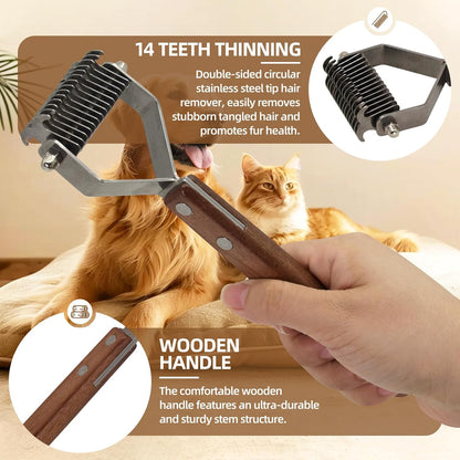 Large 2-Sided Undercoat Rake for Dogs and Cats，Professional Pet Grooming Shedding Tool Combs for Animals，Stainless Steel with Wooden Handle for Thick Coats (20-Blades)