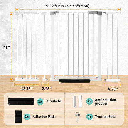 41 Inch Tall Baby Gate Auto Close Dog Gate Adjustable 29.92"-57.48" Wide Pressure Mounted Walk Through Swing Pet Gate for Doorways (White, 29.92"-57.48" Wide)