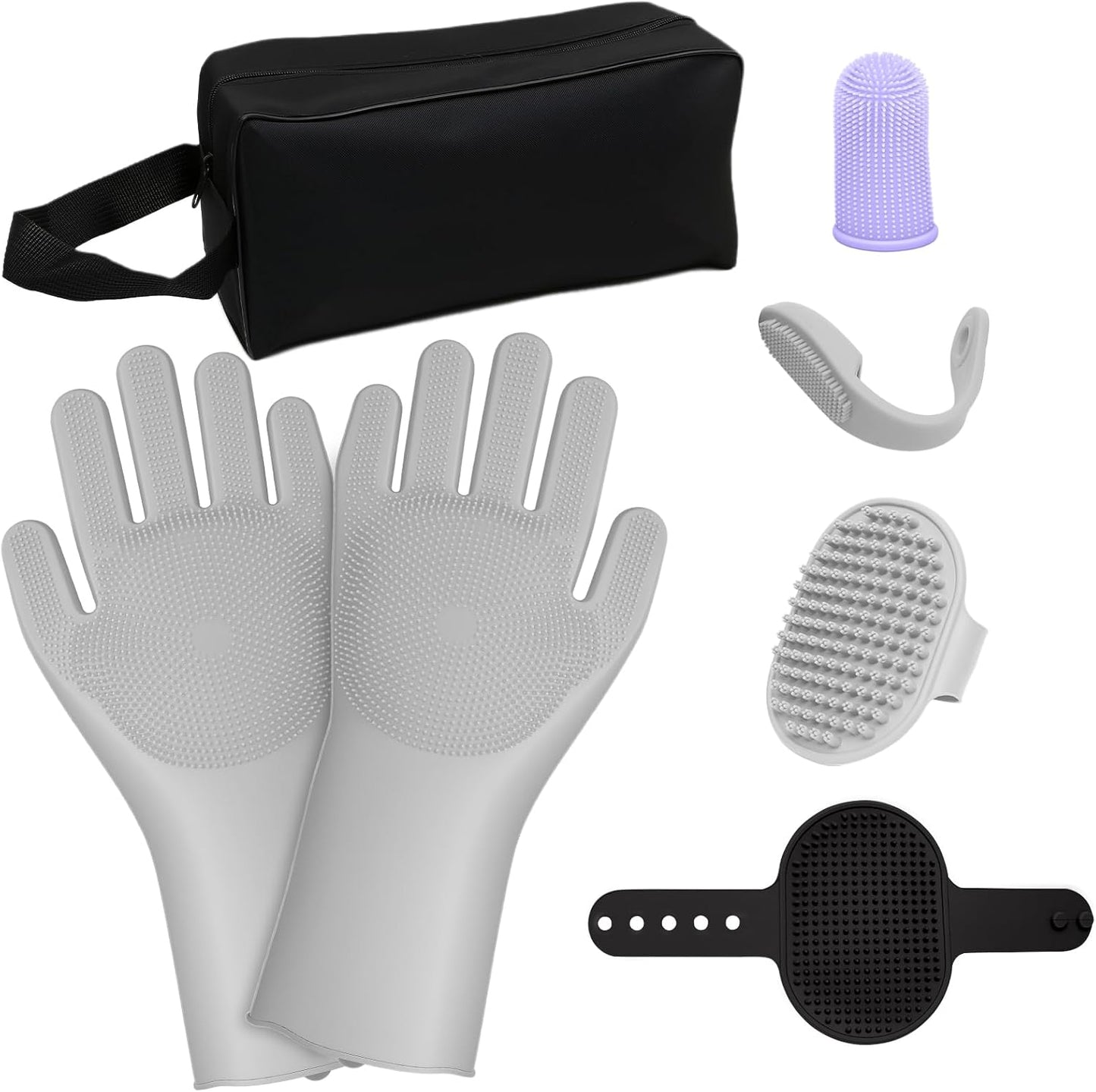 7PCS Dog Washing Gloves | Dog Bath Brush | Storage Bag | Dog Finger Toothbrush for Short & Long Haired Dogs & Cats | Efficient Deshedding Bathing & Massaging, Suitable for Pets (Sage Green)