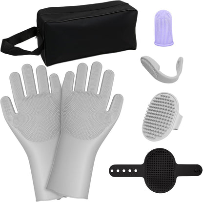 7PCS Dog Washing Gloves | Dog Bath Brush | Storage Bag | Dog Finger Toothbrush for Short & Long Haired Dogs & Cats | Efficient Deshedding Bathing & Massaging, Suitable for Pets (Sage Green)