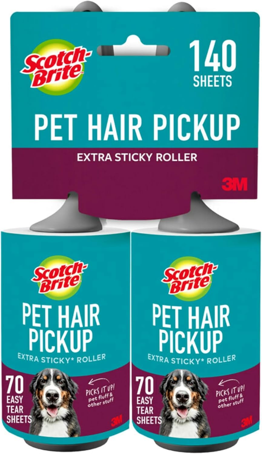 Scotch-Brite Pet Hair Pickup Extra Sticky Lint Roller, Designed for Removing Fur + Fluff on Couches, Clothes, Dog and Cat Beds, & More, 2 Pack, 140 Easy - Tear Adhesive Sheets Total