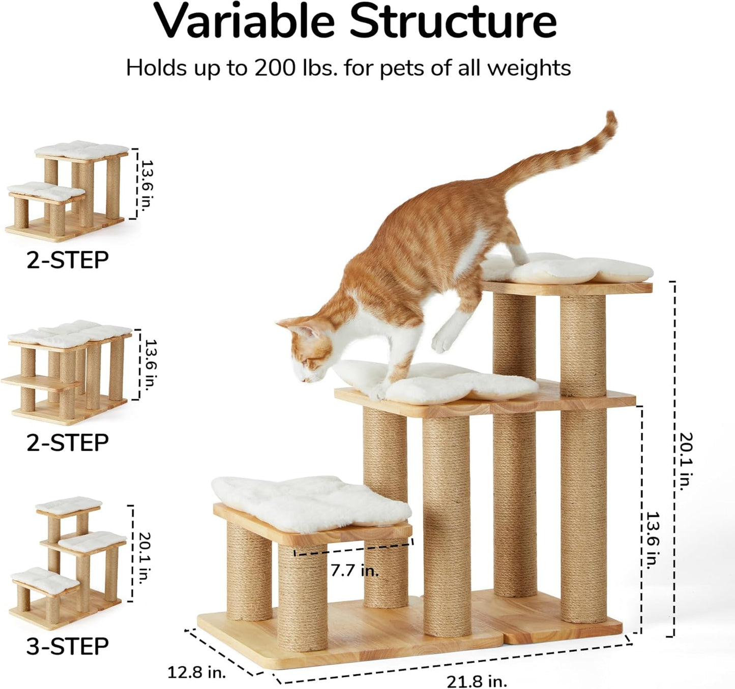 FUKUMARU 3-in-1 Pet Stairs, Retro-style Dog Steps for Cats and Small Dogs, Wooden Cat Stairs for High Bed with Scratching Post, Dog Ramp for Couch with Cat Condo Cave, Easy to Clean & Aesthetic Design