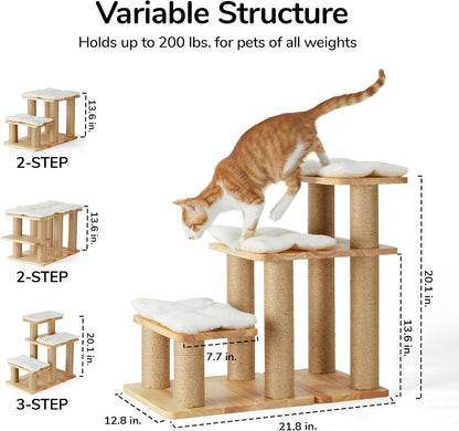FUKUMARU 3-in-1 Pet Stairs, Retro-style Dog Steps for Cats and Small Dogs, Wooden Cat Stairs for High Bed with Scratching Post, Dog Ramp for Couch with Cat Condo Cave, Easy to Clean & Aesthetic Design