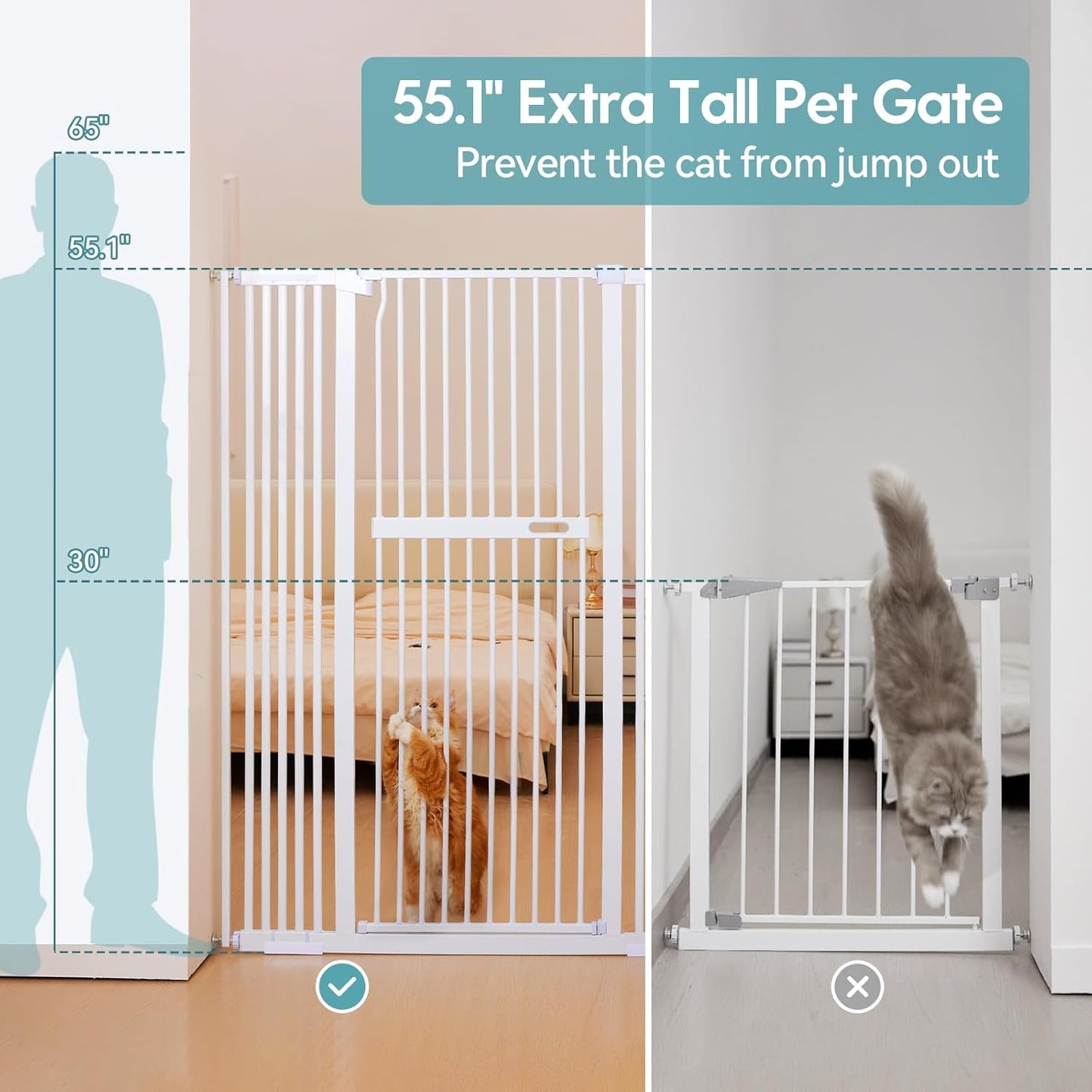 No Pawblems 55" Extra Tall Pet Gate for Cat/Dog, 29-40" Wide Auto Close Tall Dog Gate for Doorways/Hallways, 1.37" Ultra Narrow Spacing, NO Drilling Pressure Mounted, Black