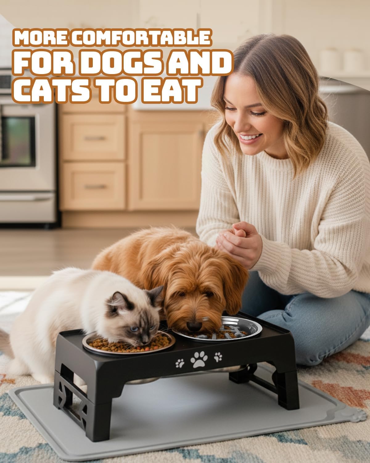 Jovrun Elevated Dog Bowls for Small Dogs and Cats, Non-Slip Cat Bowls with 2 Thick 5.5" Stainless Steel Dishes, Dog Feeder 2 Heights Adjustable to 2.6"-5.3"