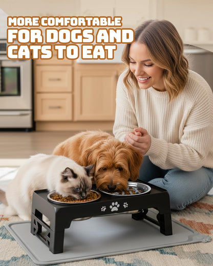 Jovrun Elevated Dog Bowls for Small Dogs and Cats, Non-Slip Cat Bowls with 2 Thick 5.5" Stainless Steel Dishes, Dog Feeder 2 Heights Adjustable to 2.6"-5.3"