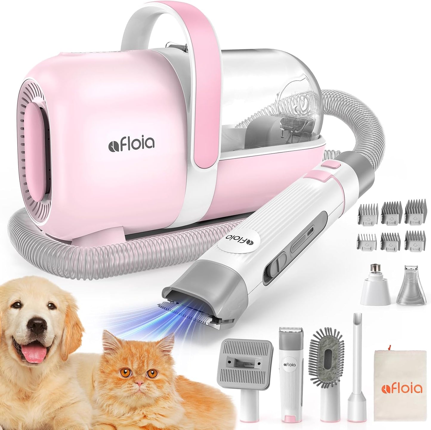 Afloia 6-in-1 Dog Grooming Kit, Pet Grooming Vacuum for Shedding, Dog Hair Vacuum with Clipper Nail Trimmer Grinder, Pet Brush Groomer at Home, Low Noise Cats Hair Remover, 1.5L Dust Cup, White