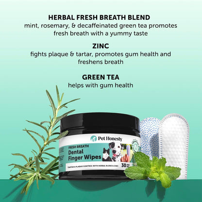 Dog Dental Finger Wipes for Teeth Cleaning Plaque Off - Dental Care for Dogs & Cats, Stain & Tartar Remover for Teeth, Finger Toothbrush Wipes, Fresh Breath & Gum Care with Zinc + Green Tea - 30 ct