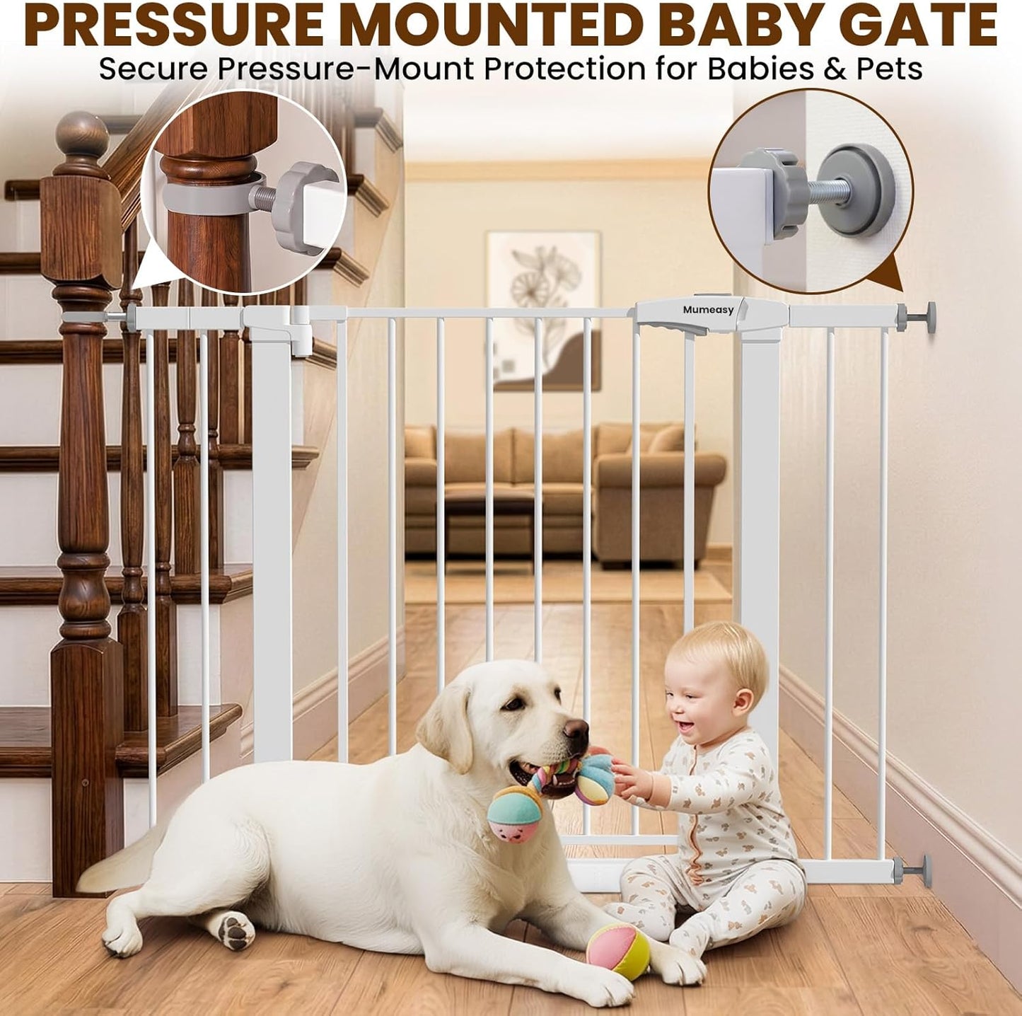 Mumeasy 29.7-46" Baby Gate for Stairs, Pressure Mounted Dog Gate for Doorways, Auto Close Walk Through Pet Gate Indoor, Extra Wide Metal Child Safety Gate, Mom's Choice Awards Winner, Black