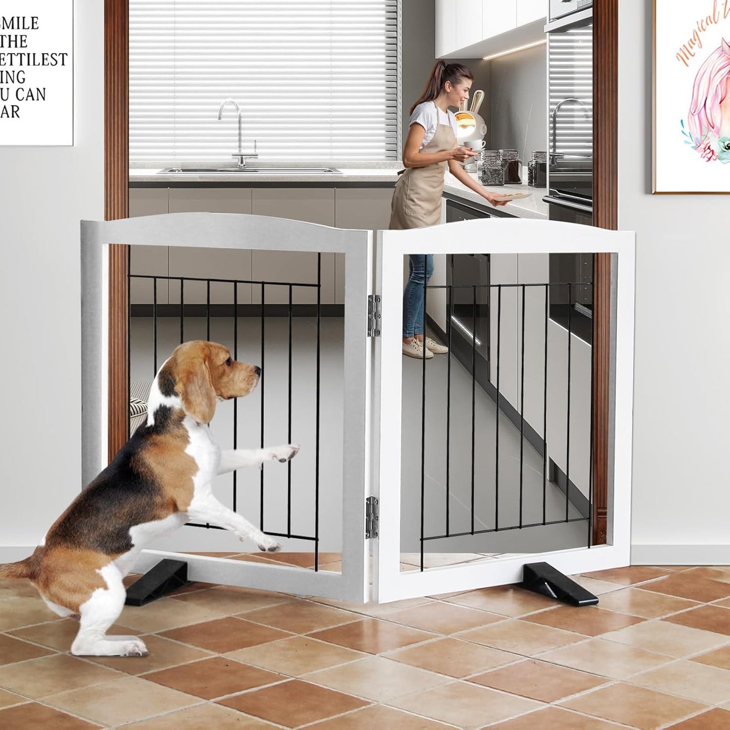 ZJSF Freestanding Dog Fence Indoor, Foldable Dog Gate for Doorways, Stairs or Hallways, Sturdy Wood Extra Wide Pet Gate with Support Feet for The House, White, 24 "Height-3 Panels