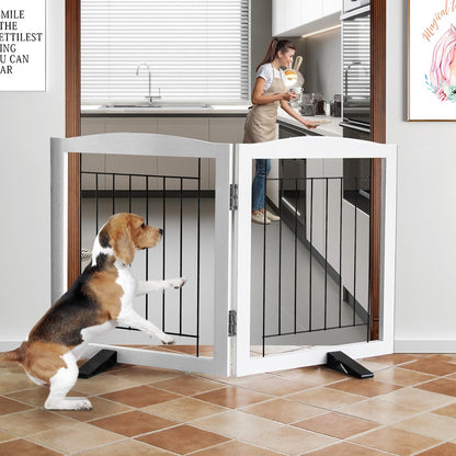 ZJSF Freestanding Dog Fence Indoor, Foldable Dog Gate for Doorways, Stairs or Hallways, Sturdy Wood Extra Wide Pet Gate with Support Feet for The House, White, 24 "Height-3 Panels