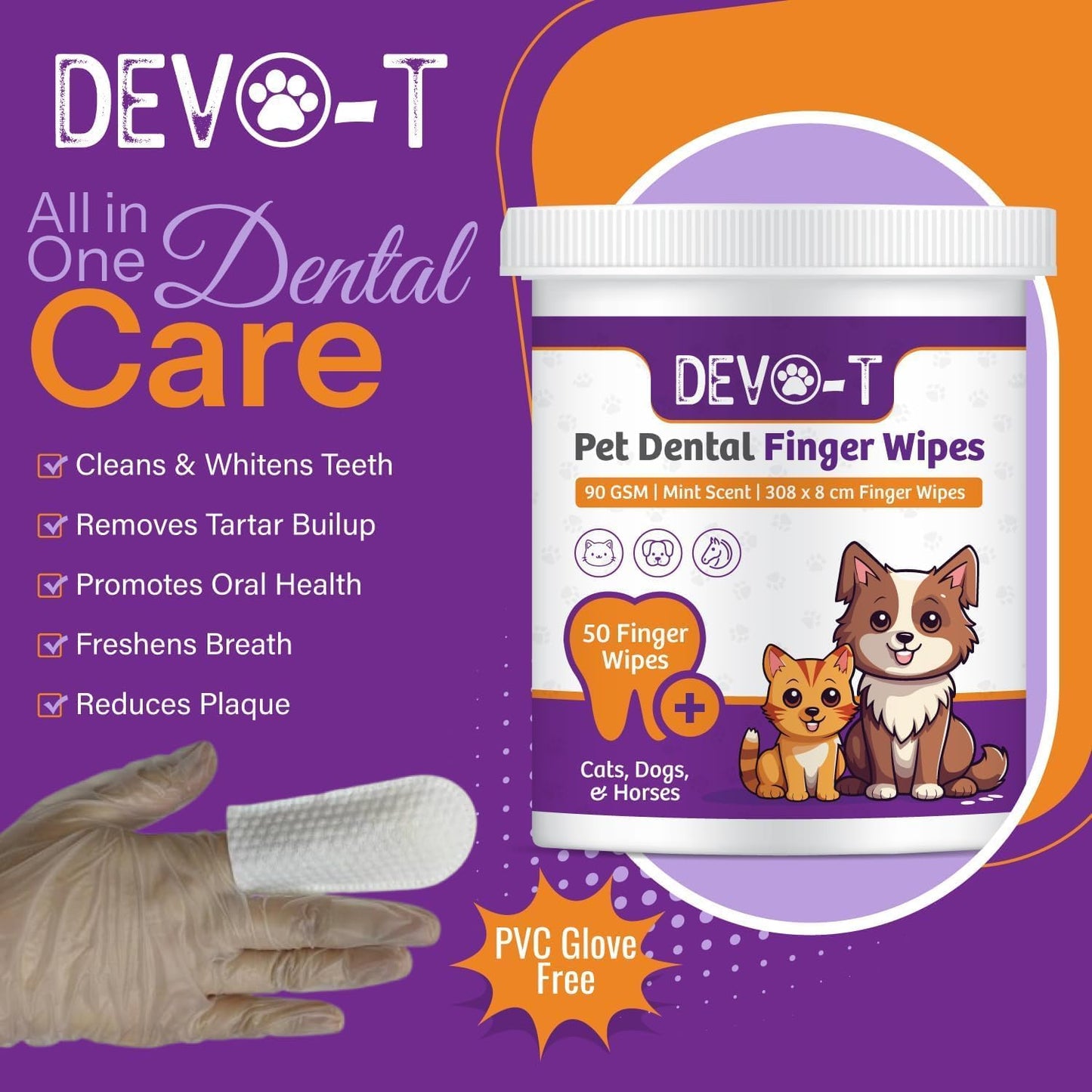 DEVO-T 100% Natural Dog Teeth Cleaning Wipes Unscented | 50 Count | Pet Teeth Cleaning Finger Wipes for Dogs, Cats & Horses | Remove Bad Breath, Plaque & Tartar Buildup | Dog Dental Wipes Finger