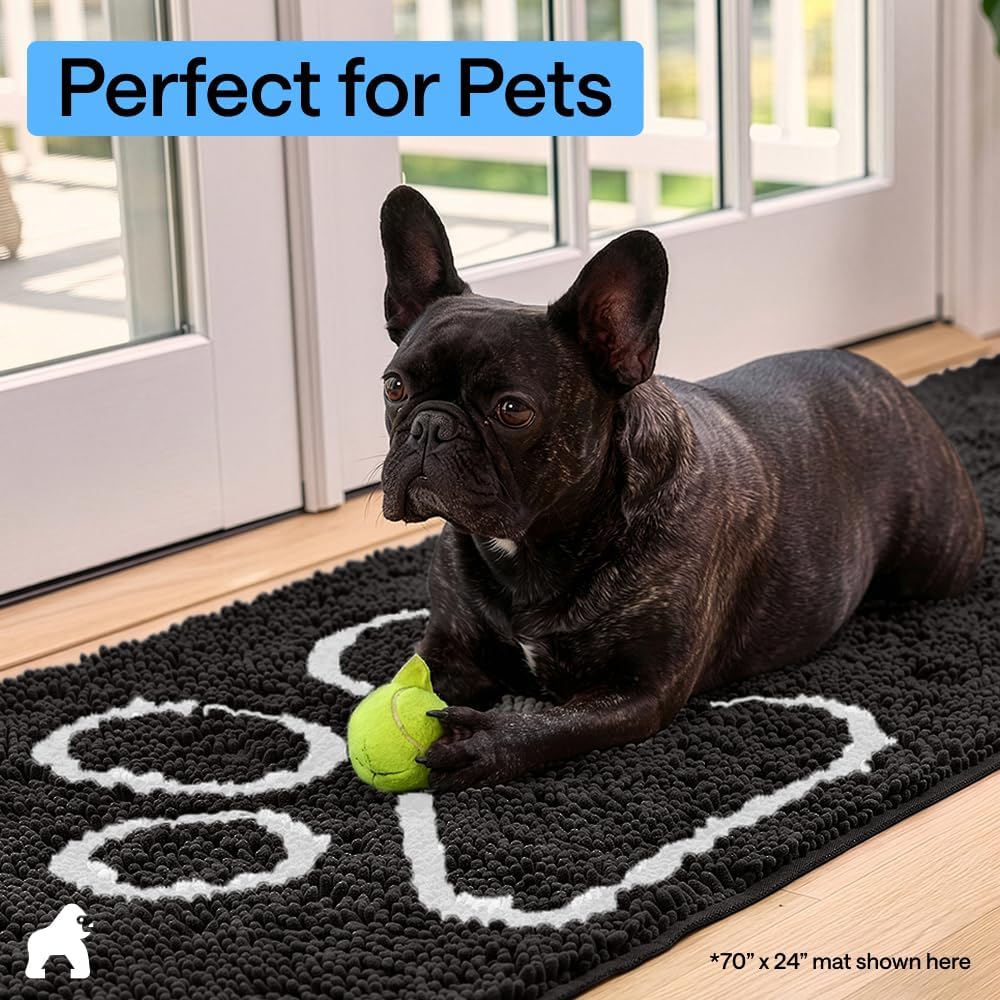 GORILLA GRIP SoakSTOPPER Dog Door Mat, 30x20 Machine Washable Rug Absorbent Doormat Captures Moisture Mud Dirt, Quick Dry Soft Chenille Entryway Rugs Indoor Entrance Mats for Dog Paws, Paw Grey