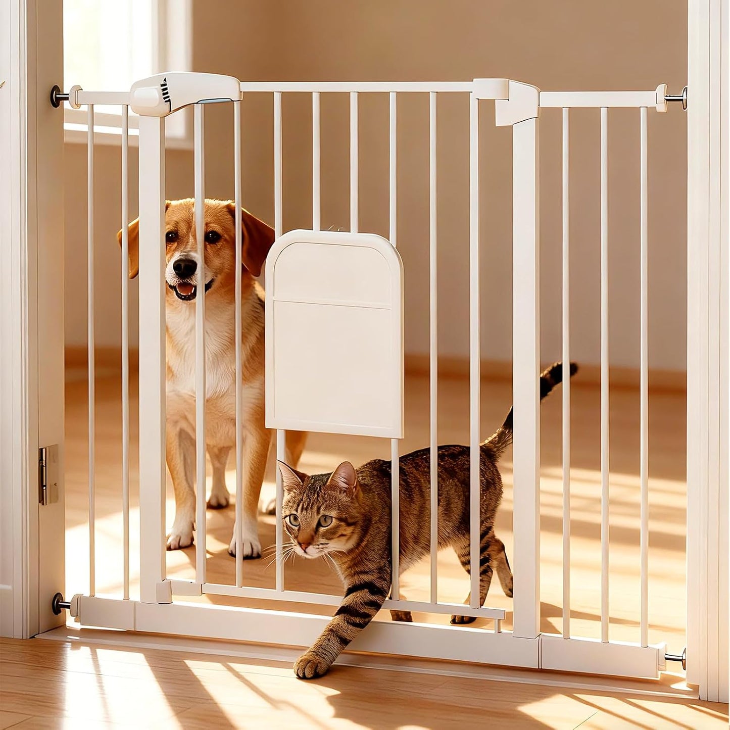 Pet Gate with Adjustable Cat Door, 31–46 Inch Pressure Mounted Dog Gate for Doorways, Stairs and Hallways, Auto Close Walk Through Metal Safety Gate, Easy Install, White
