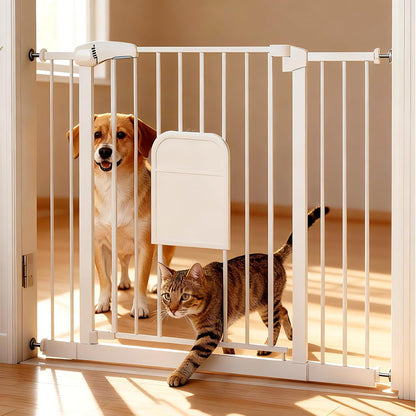 Pet Gate with Adjustable Cat Door, 31–46 Inch Pressure Mounted Dog Gate for Doorways, Stairs and Hallways, Auto Close Walk Through Metal Safety Gate, Easy Install, White