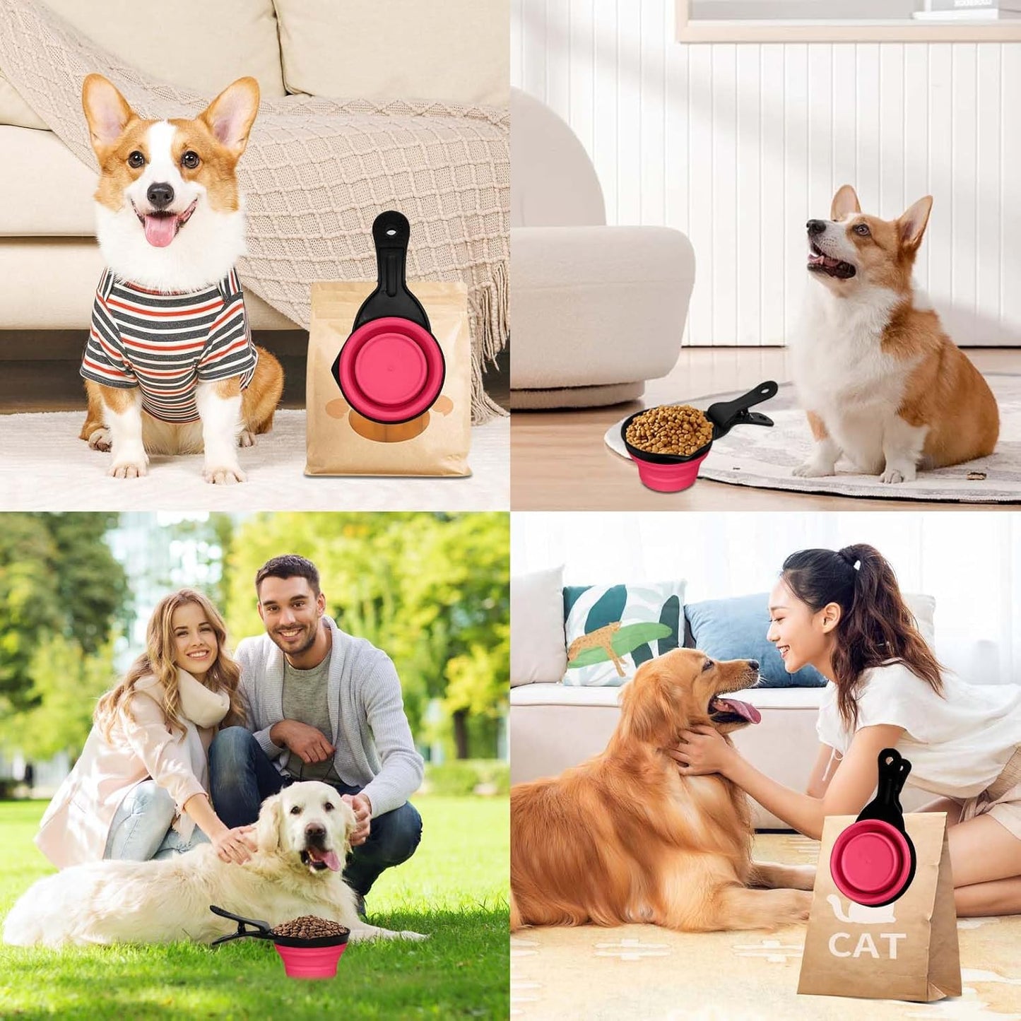 Collapsible Dog Food Scoop Foldable Pet Food Bag Clip 3 in 1 Multi-function Silicone Cat Food Measuring Cup Scoop Dog Food Scooper Pet Food Storage Clip (Green, 1 Cup Capacity(1 Pack))