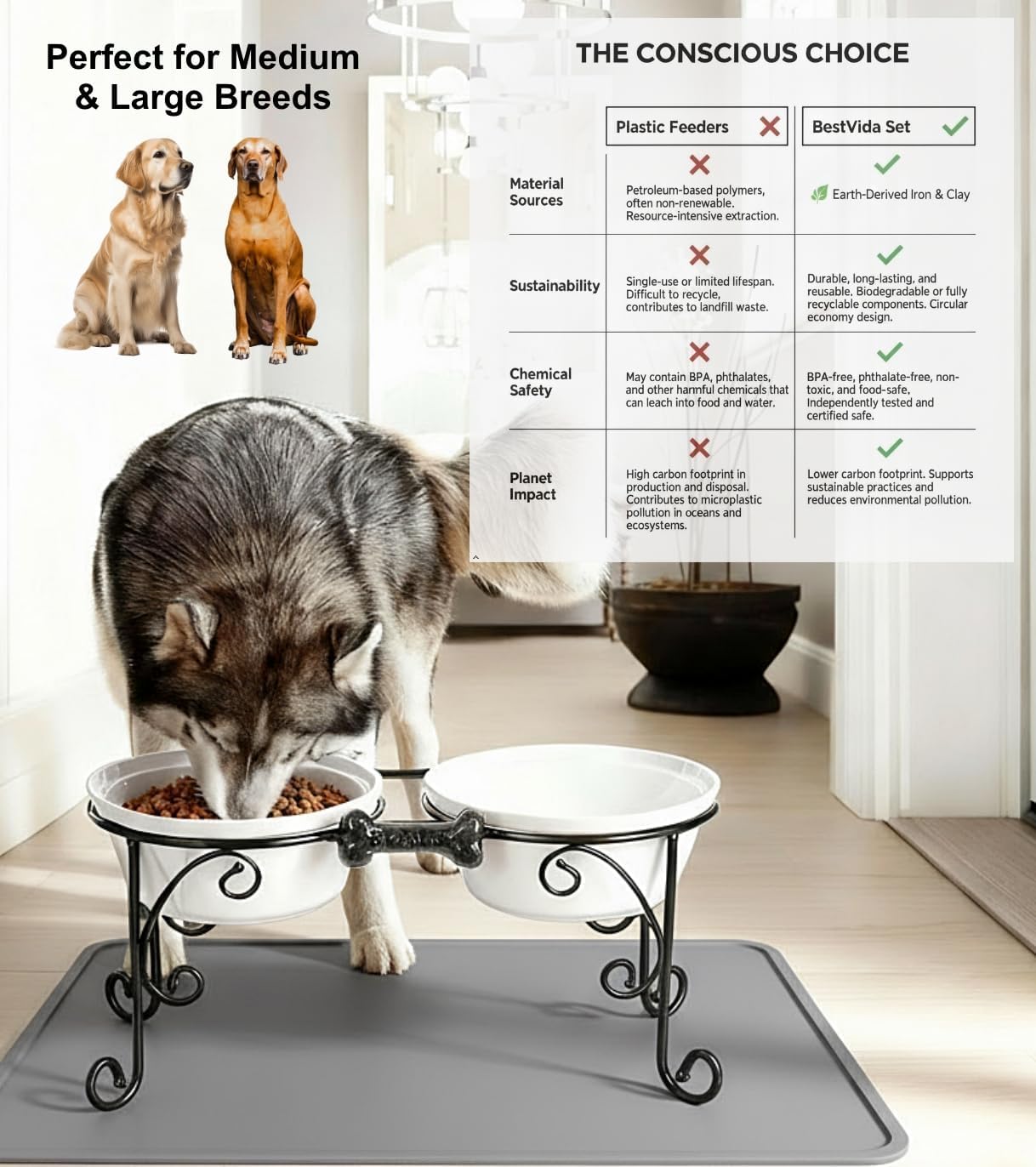 Elevated Dog Bowl Stand with 3 Large Ceramic Bowls – Raised Feeding Station for Medium & Large Dogs, Includes 2 Standard Bowls + 1 Slow Feeder, Durable Iron Frame, Non-Slip (White)