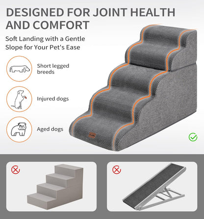 Made4Pets Dog Stairs Ramp for Small Dogs 15.7" H, 3-Step Dog Steps for Bed Couch Sofa and Chair, 35D Foam Pet Steps for Small Dogs and Cats, Non-Slip Bottom Pet Stairs, Grey