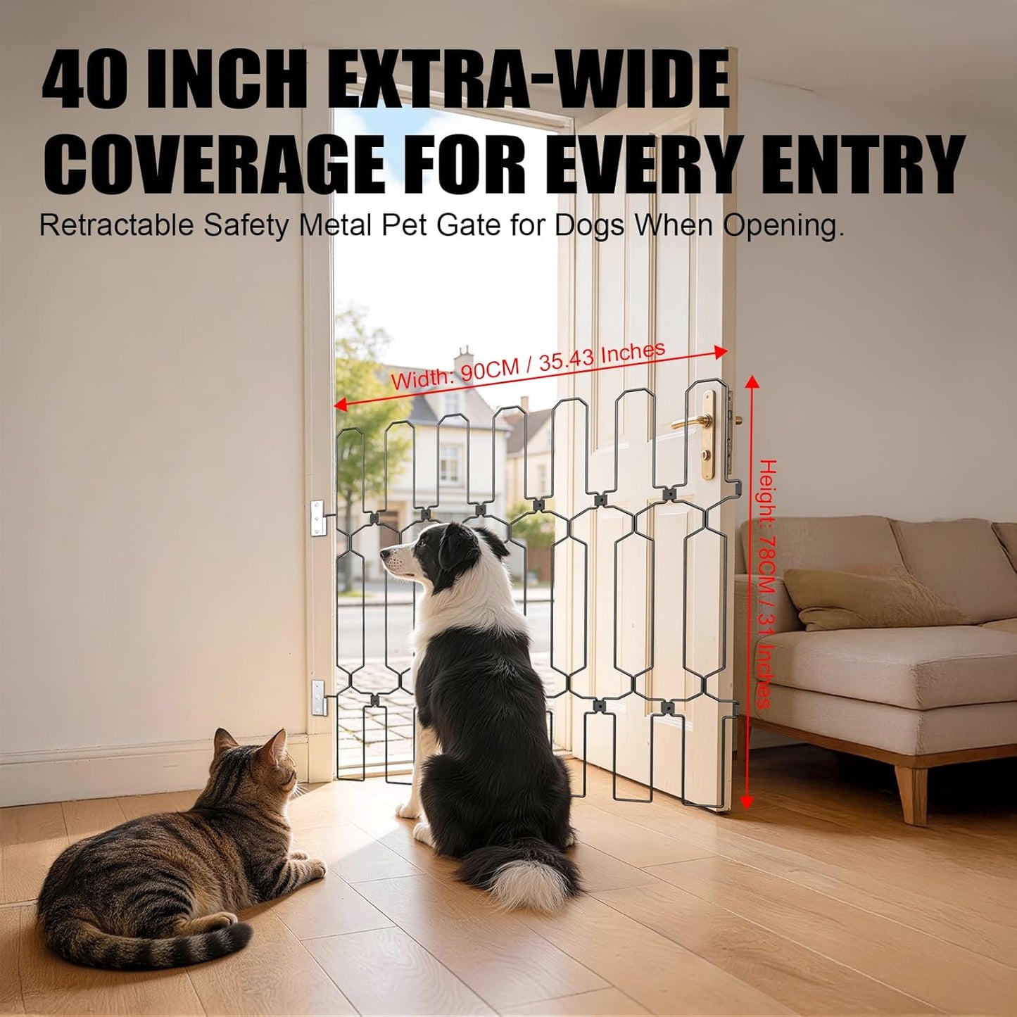 Retractable Dog Gate for Front Door, 30.7" W x 30.7" H Safety Metal Pet Gate for Dogs When Opening, Easy Install Front Entry Dog Door Barrier