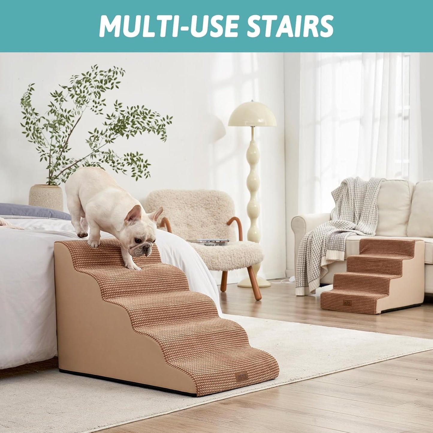 COZY KISS Extra Wide Dog Stairs with Tunnel, Foam Detachable Large Dog Step for Small Pet, Puppy or Cats, Medium Pet Ramp for High Bed, Couch, Sofa or Car, 19.7x33x22.4 inch, 5 Step, Beige