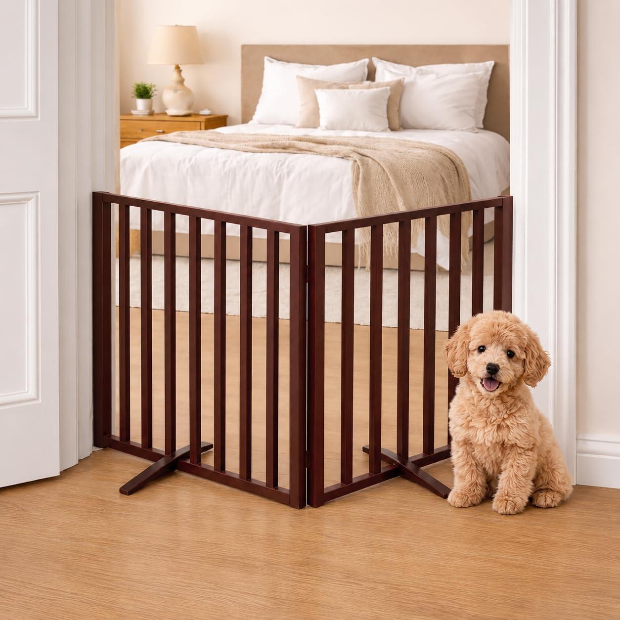 Japard Dog Gate 2 Panels - Foldable Indoor Fence Freestanding with Support Feet, 24 in Tall 35.4" Wide, Small Pets, Cats, Rabbits, Puppy, Lightweight 4 lbs (Wood Brown, Mahogany)