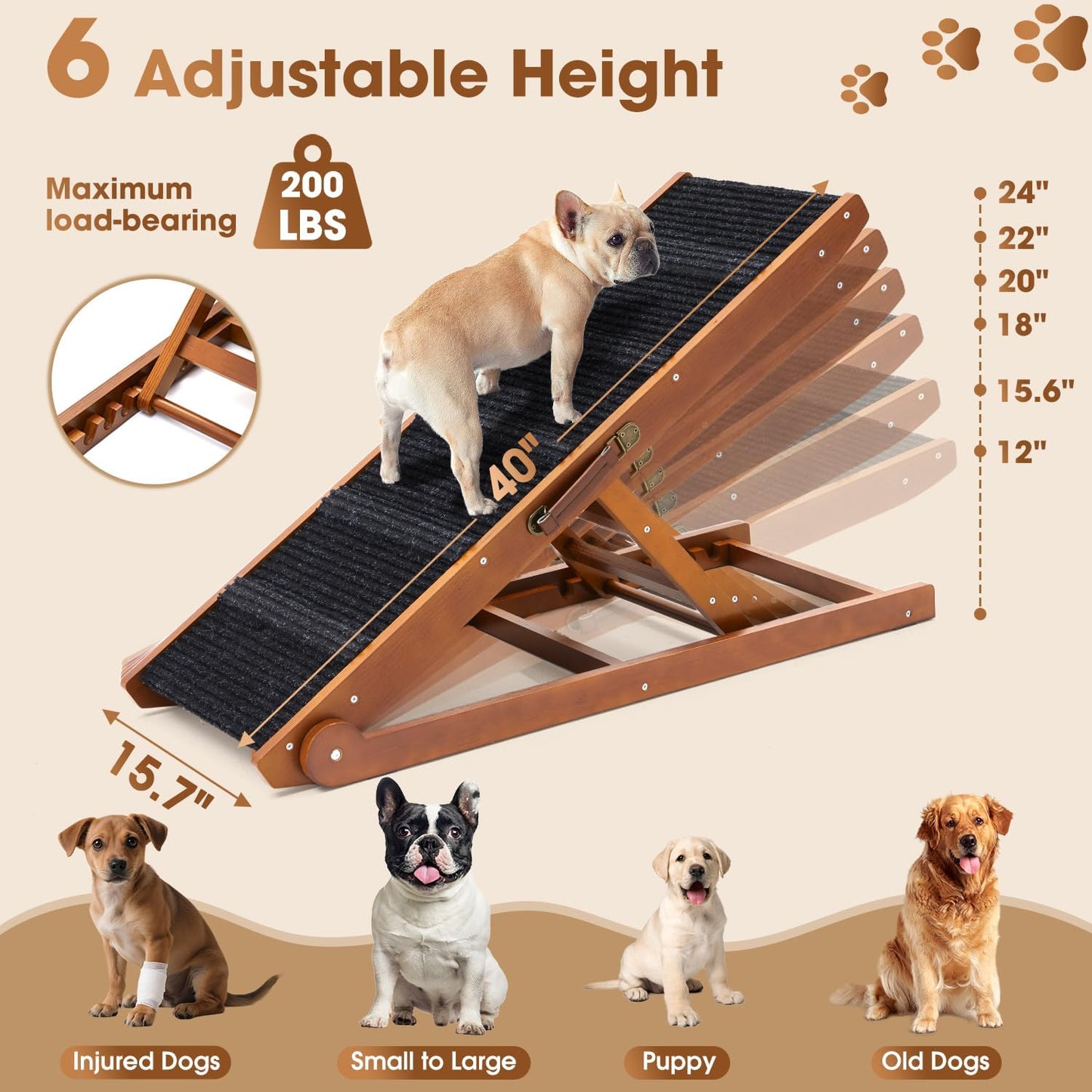 Dog Ramp for Bed - Foldable Small to Large Dog Ramp for Couch - 6 Adjustable Height from 12" to 24" - Stairs with High Traction Mat - Wooden Portable Ramp for Dogs to Get on Bed Couch Car Up to 200LBS