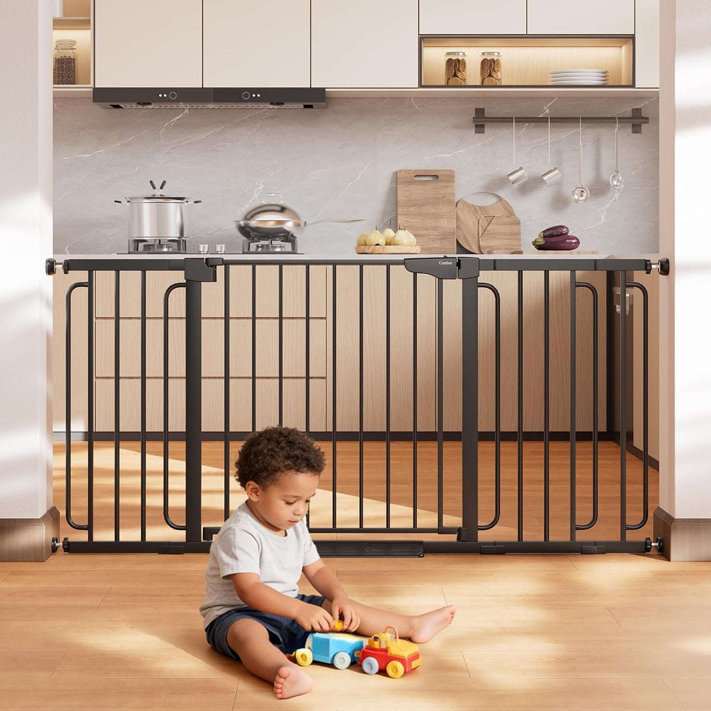 Cumbor 36.6-64" Extra Wide Baby Gate for Stairs, Dog Gates for Doorways, Auto-Close Pet Gate Indoor, Pressure Mounted Walk Through Safety Child Gate for Kids Toddler, Tall Pet Puppy Fence Gate, Brown