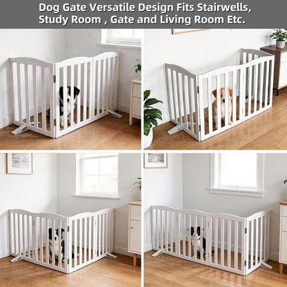 Freestanding Dog Gate Indoor,Doggie Gate Foldable Dog Gates for Doorways,Stairs or Hallways, Wooden White Pet Gate for the House, Pet Fence with Support Feet Included,24 "Height-4 Panels