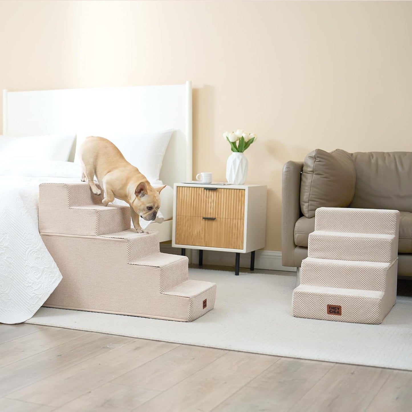 EHEYCIGA Dog Stairs for High Bed 22.5" H, 5-Step Dog Steps for Bed, Pet Steps for Small Dogs and Cats, Non-Slip Balanced Pet Ramp Indoor, Grey