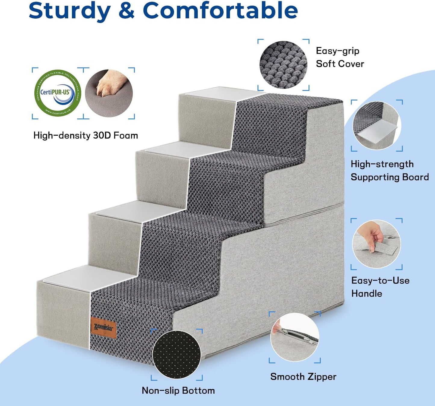 ZOMISIA Dog Steps for Couch - Pet Stairs for Small Dogs and Cats, Dog Steps with Non-Slip Bottom Grey 3 Steps, Grey