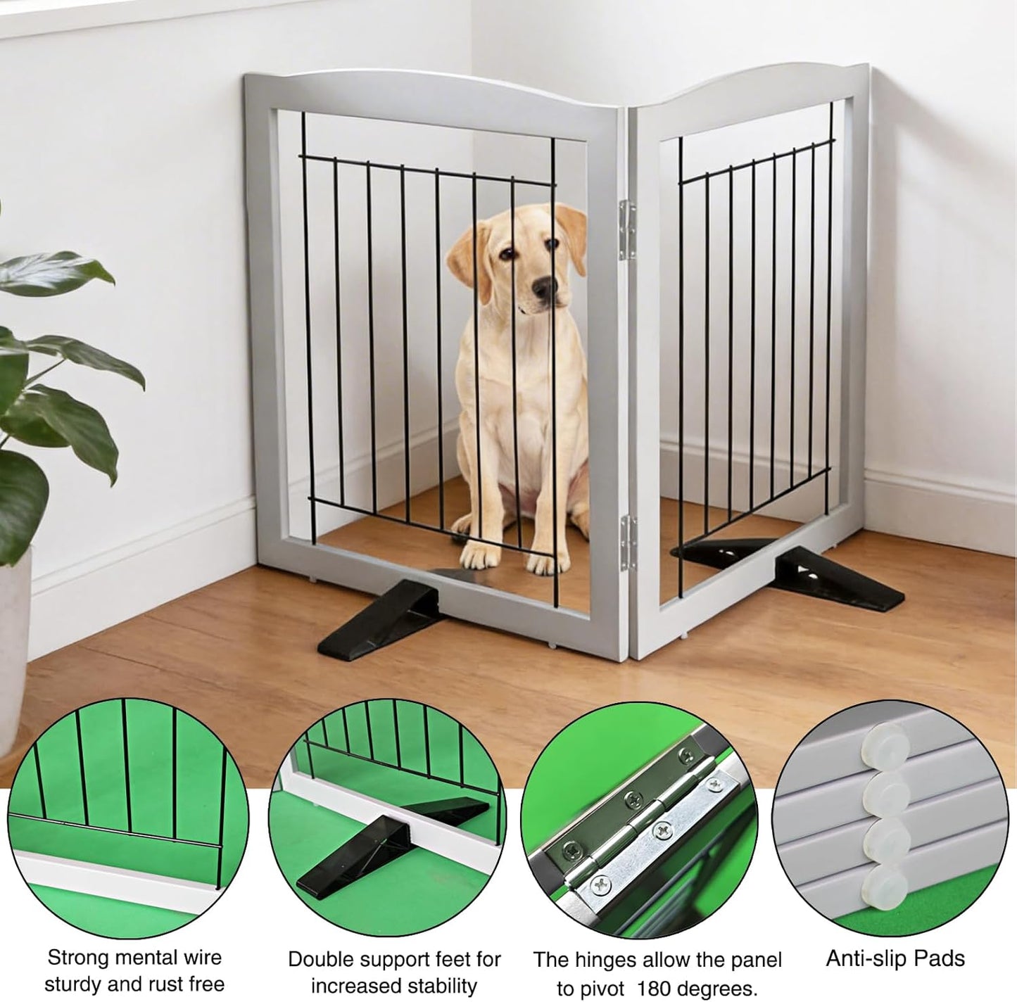 ZJSF Freestanding Dog Fence Indoor, Foldable Dog Gate for Doorways, Stairs or Hallways, Sturdy Wood Extra Wide Pet Gate with Support Feet for The House, White, 24 "Height-3 Panels
